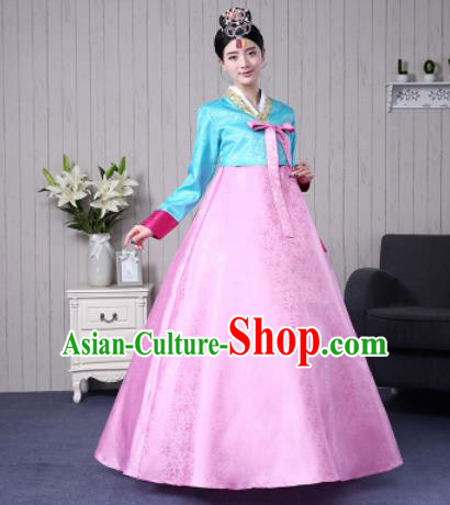 Traditional Korean Palace Costumes Asian Korean Hanbok Blue Blouse and Pink Skirt for Women