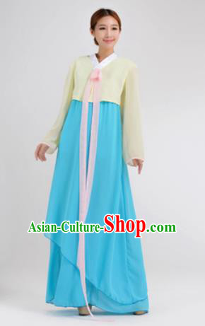 Traditional Korean Costumes Asian Korean Hanbok Yellow Blouse and Blue Skirt for Women