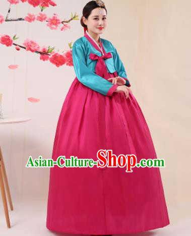 Korean Traditional Palace Costumes Asian Korean Hanbok Bride Blue Blouse and Rosy Skirt for Women