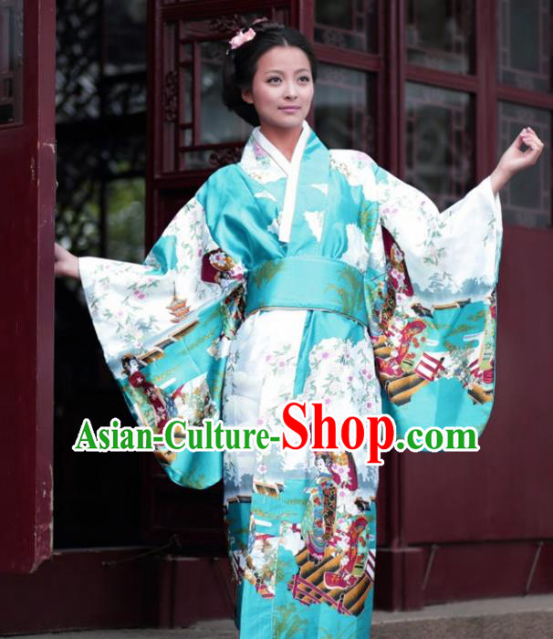 Traditional Japanese Costumes Asian Japan Kimono Printing Green Furisode Yukata for Women