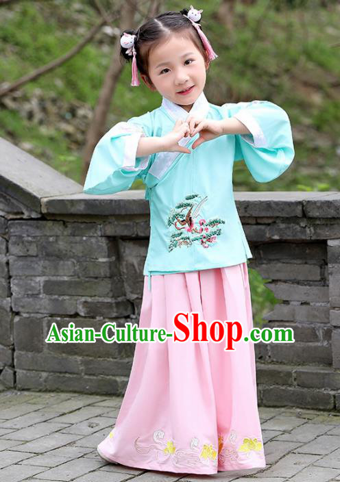 Traditional Chinese Ancient Ming Dynasty Costumes Green Blouse and Pink Skirt for Kids