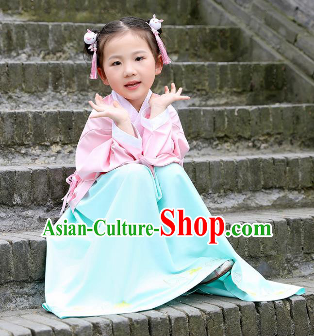 Traditional Chinese Ancient Ming Dynasty Costumes Pink Blouse and Green Skirt for Kids