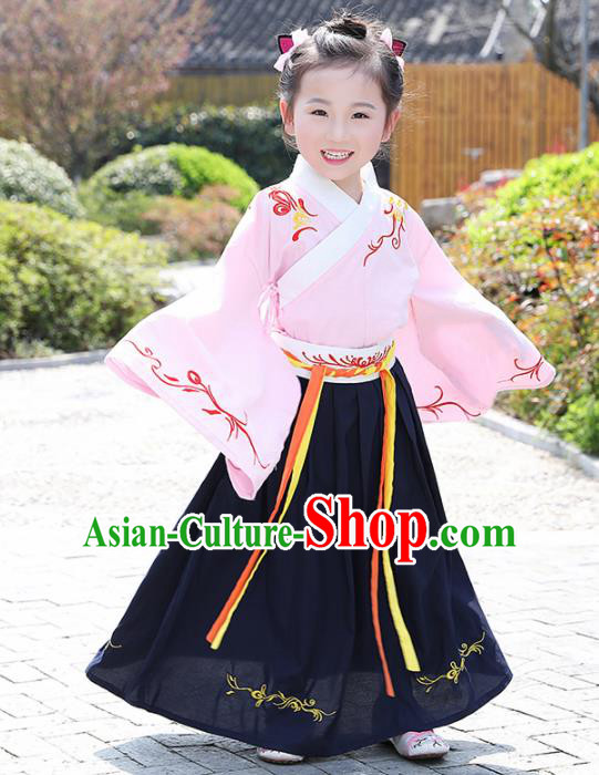 Traditional Chinese Ancient Ming Dynasty Costumes Pink Blouse and Navy Skirt for Kids