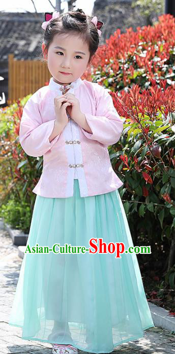 Chinese Ancient Ming Dynasty Costumes Traditional Pink Blouse and Green Skirt for Kids