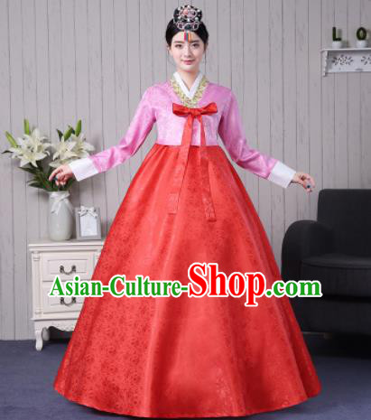 Traditional Korean Palace Costumes Asian Korean Hanbok Bride Pink Blouse and Red Skirt for Women
