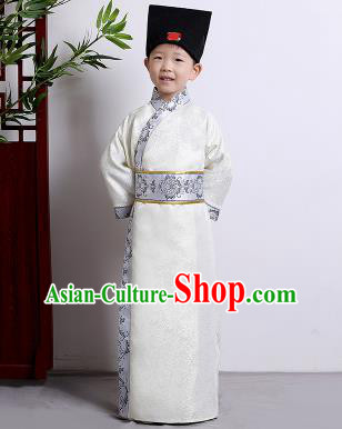 Chinese Ancient Scholar Costumes Traditional White Robe for Kids