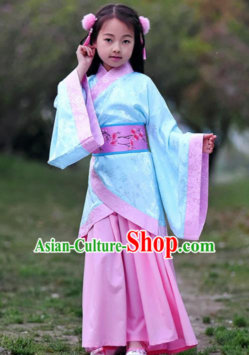Chinese Ancient Han Dynasty Princess Costumes Traditional Blue Curving-Front Robe for Kids