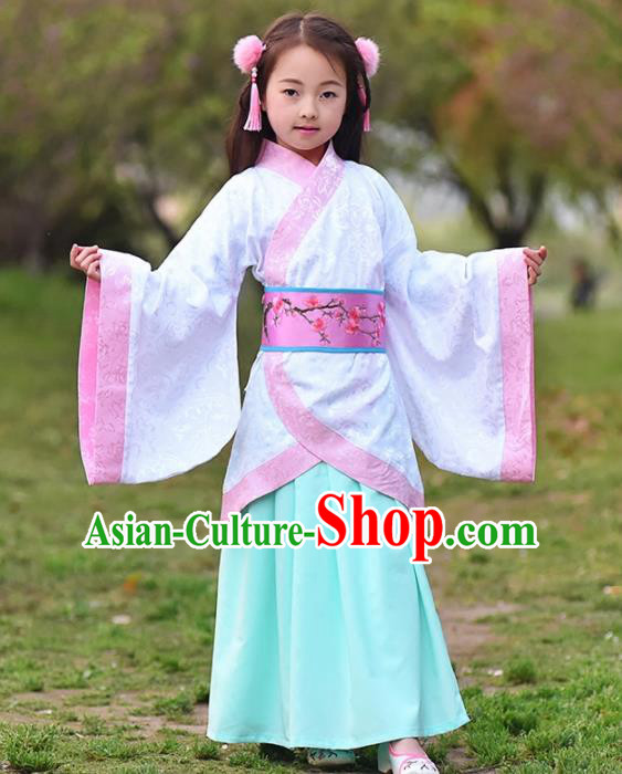 Chinese Ancient Han Dynasty Princess Costumes Traditional White Curving-Front Robe for Kids