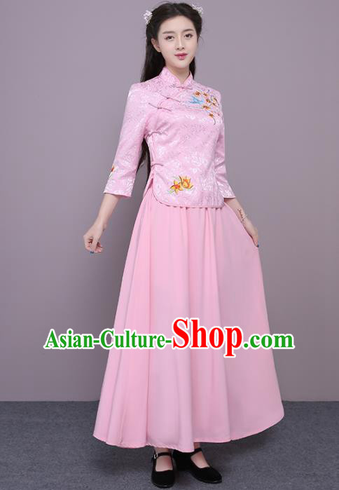 Chinese Ancient Bridesmaid Costumes Traditional Embroidered Pink Qipao Blouse and Skirt for Women