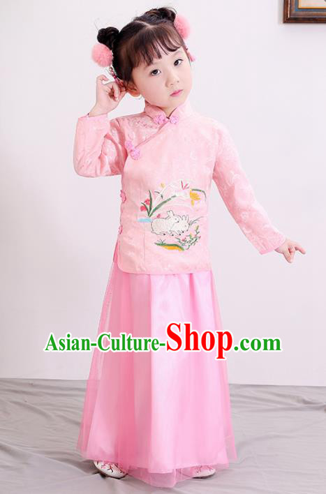 Chinese Ancient Republic of China Children Costumes Traditional Pink Blouse and Skirt for Kids