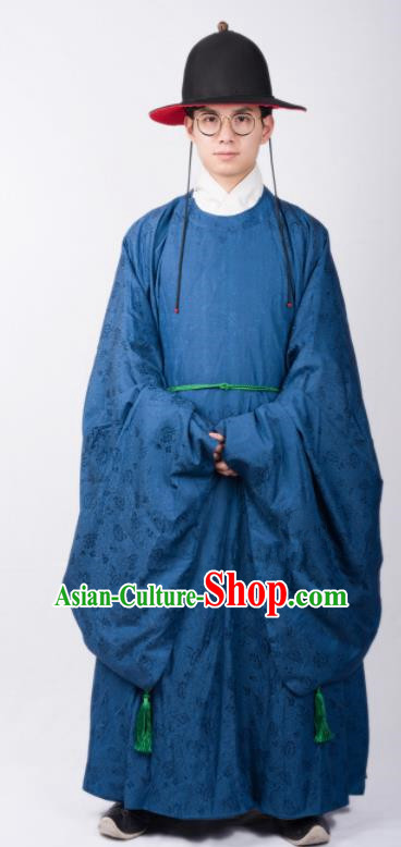 Chinese Ancient Swordsman Blue Robe Traditional Ming Dynasty Imperial Bodyguard Costumes for Men