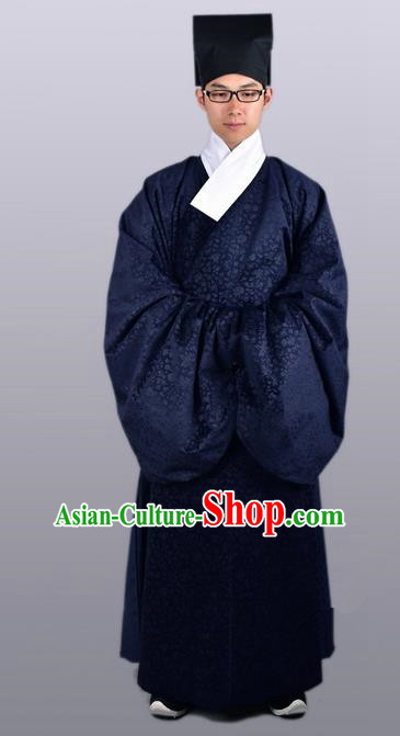 Chinese Ancient Traditional Ming Dynasty Taoist Priest Costume Navy Priest Frock for Men