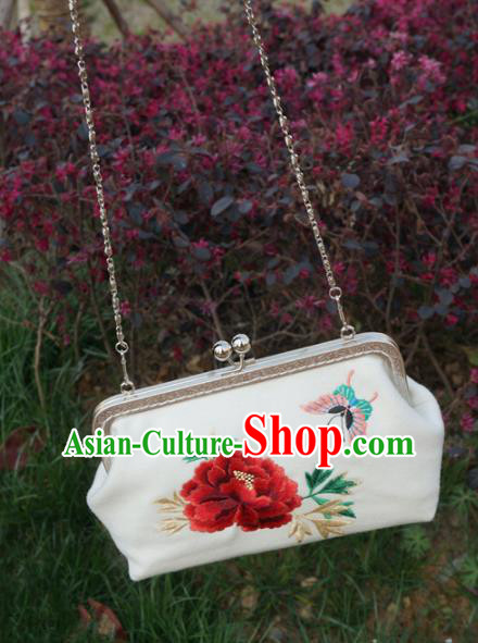 Traditional Chinese Embroidered Peony Bag Handmade White Silk Handbag for Women