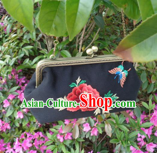 Traditional Chinese Embroidered Peony Bag Handmade Black Silk Handbag for Women