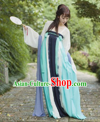 Traditional Chinese Tang Dynasty Maidenform Costume Ancient Princess Blue Hanfu Dress for Women