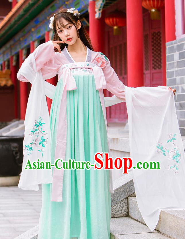 Chinese Ancient Tang Dynasty Nobility Lady Embroidered Green Hanfu Dress Princess Costume for Rich Women