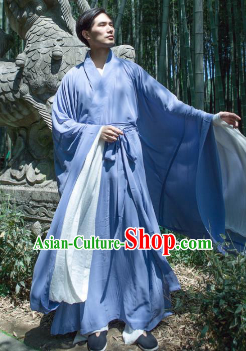 Chinese Ancient Traditional Jin Dynasty Blue Straight-Front Robe Scholar Swordsman Costumes for Men