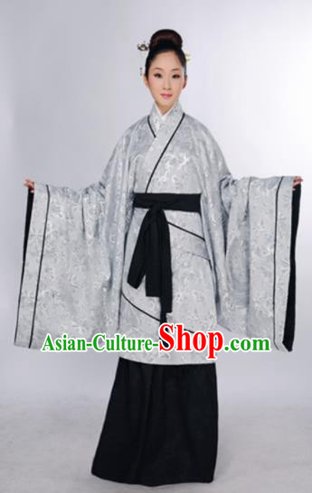 Traditional Chinese Han Dynasty Marquise Costume Ancient Princess Argent Curving-Front Robe for Women