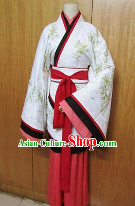 Traditional Chinese Han Dynasty White Curving-Front Robe Ancient Princess Costume for Women