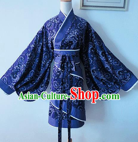 Traditional Chinese Han Dynasty Young Lady Navy Hanfu Dress Ancient Swordsman Costume for Women
