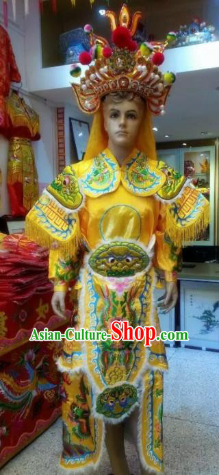 Traditional Chinese Beijing Opera Takefu Costume General Embroidered Yellow Clothing and Hat for Men