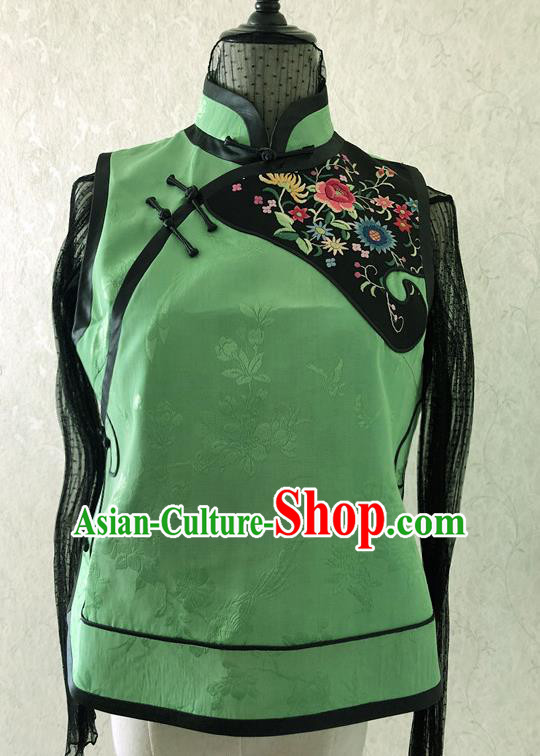 Traditional Chinese Handmade Brocade Costume Tang Suit Embroidered Green Vest for Women
