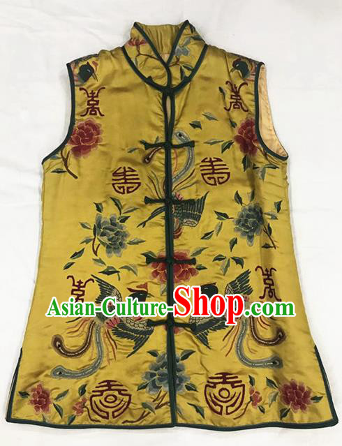 Traditional Chinese Handmade Costume Tang Suit Embroidered Phoenix Peony Yellow Vest for Women