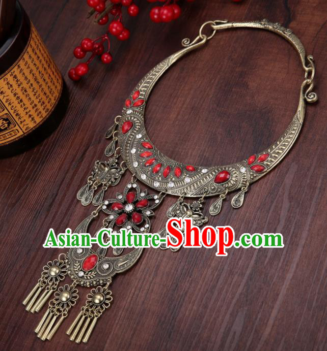 Chinese Traditional Jewelry Accessories Miao Minority Tassel Red Necklace for Women