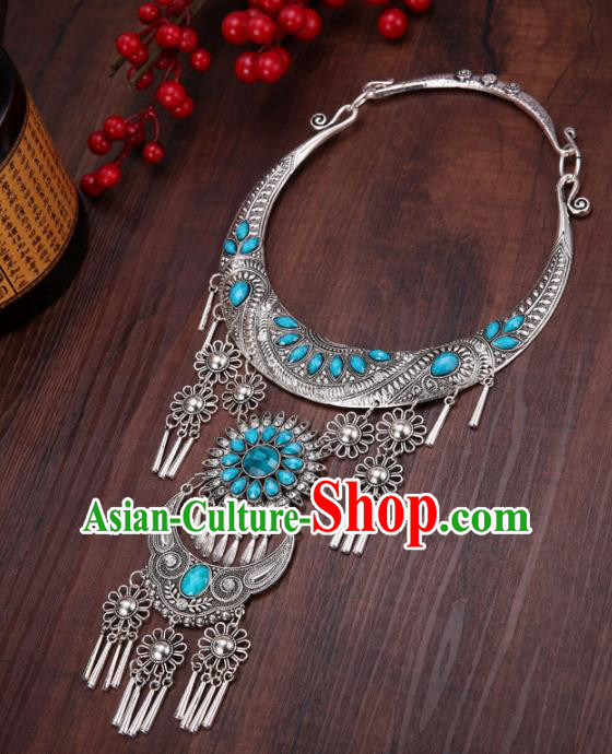 Chinese Traditional Jewelry Accessories Miao Minority Tassel Blue Necklace for Women