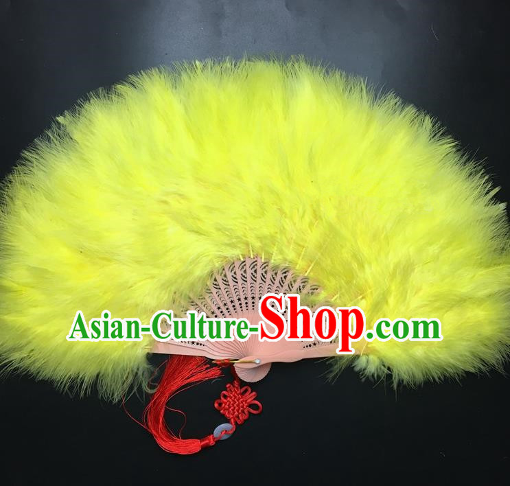 Traditional Chinese Crafts Yellow Feather Folding Fan China Folk Dance Feather Fans