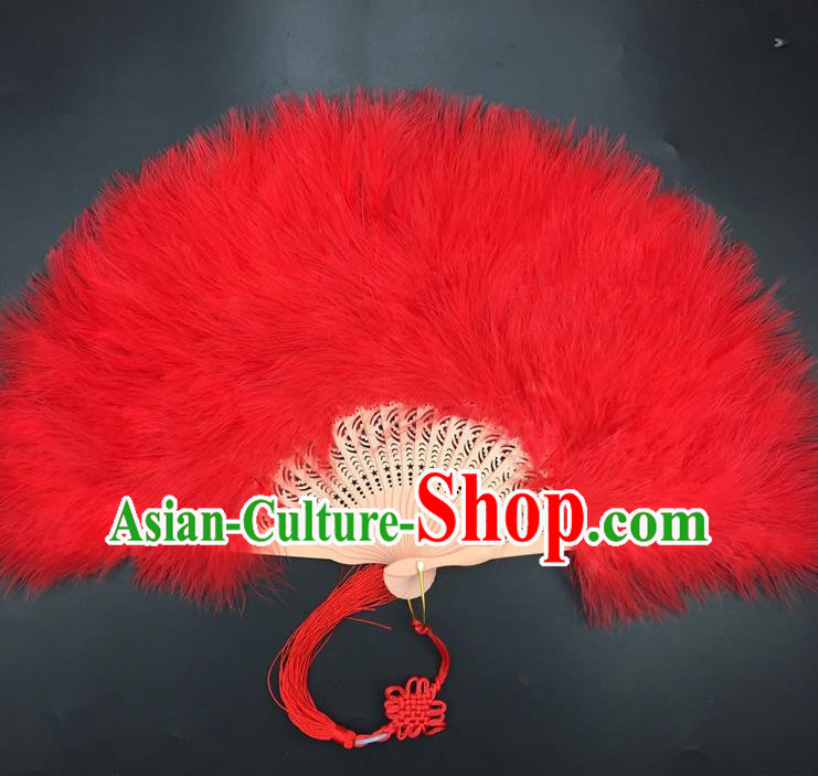 Traditional Chinese Crafts Red Feather Folding Fan China Folk Dance Feather Fans