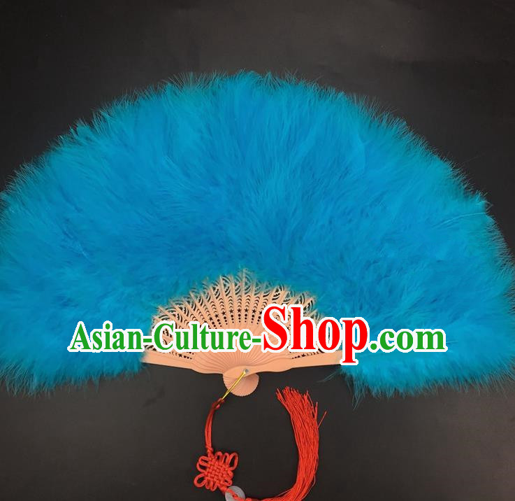 Traditional Chinese Crafts Peacock Blue Feather Folding Fan China Folk Dance Feather Fans
