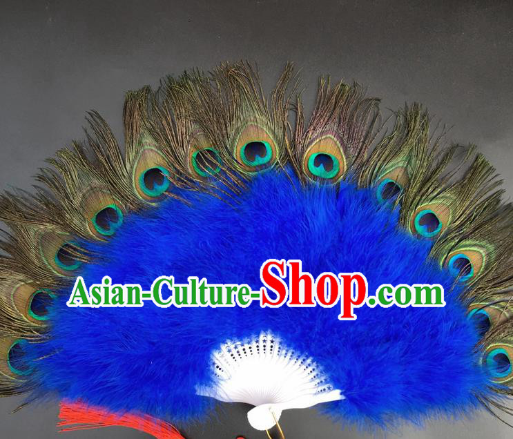 Traditional Chinese Crafts Peacock Feather Folding Fan China Folk Dance Royalblue Feather Fans