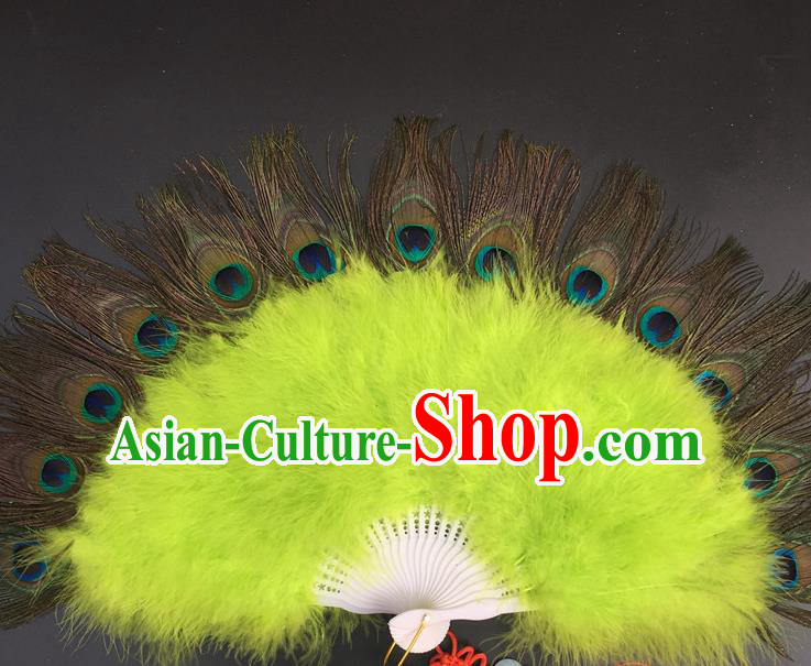 Traditional Chinese Crafts Peacock Feather Folding Fan China Folk Dance Green Feather Fans