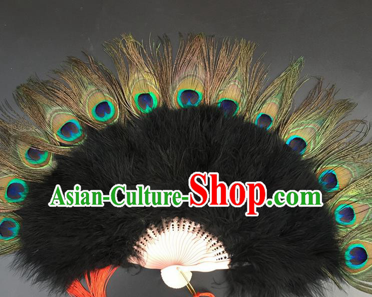 Traditional Chinese Crafts Peacock Feather Folding Fan China Folk Dance Black Feather Fans