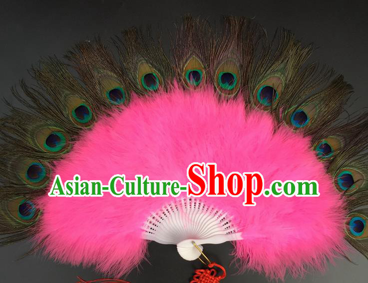 Traditional Chinese Crafts Peacock Feather Folding Fan China Folk Dance Pink Feather Fans
