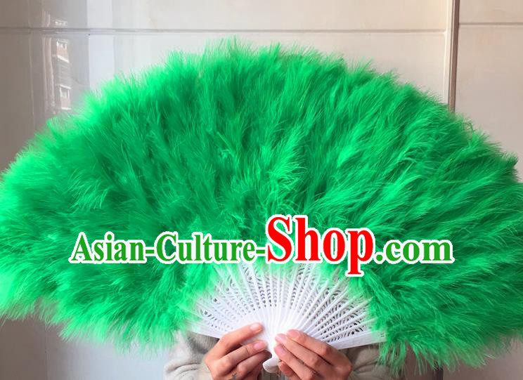 Traditional Chinese Crafts Folding Fan China Folk Dance Green Feather Fans