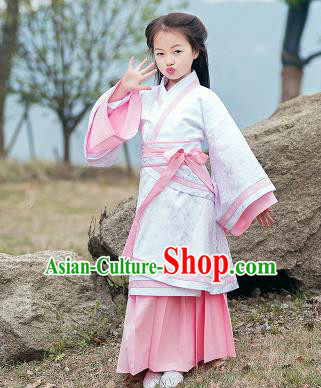 Chinese Han Dynasty Nobility Lady Costume Ancient White Hanfu Dress for Kids