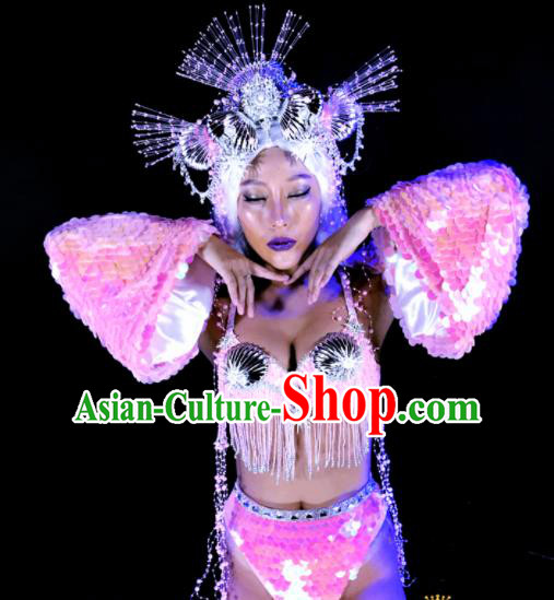 Professional Stage Performance Costume Halloween Cosplay Mermaid Pink Clothing and Headwear for Women