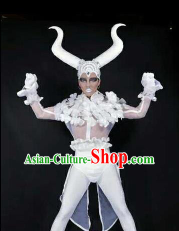 Professional Stage Performance Costume Halloween Cosplay Clown White Clothing and Feather Headwear for Men