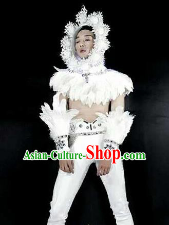 Professional Stage Performance Costume Halloween Cosplay Clown White Feather Clothing and Headwear for Men
