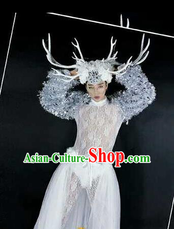 Professional Stage Performance Costume Halloween Cosplay Clown Sequins Clothing and Antlers Headwear for Men