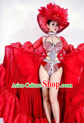 Professional Stage Performance Halloween Costume Brazilian Carnival Red Clothing and Headwear for Women