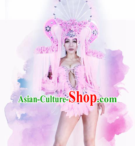 Professional Stage Performance Costume Halloween Cosplay Pink Feather Clothing and Headwear for Women