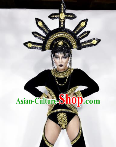 Professional Stage Performance Costume Halloween Cosplay Black Clothing and Headwear for Women