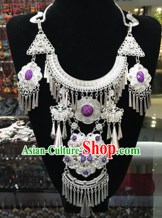 Chinese Traditional Jewelry Accessories Miao Minority Wedding Tassel Purple Necklace for Women