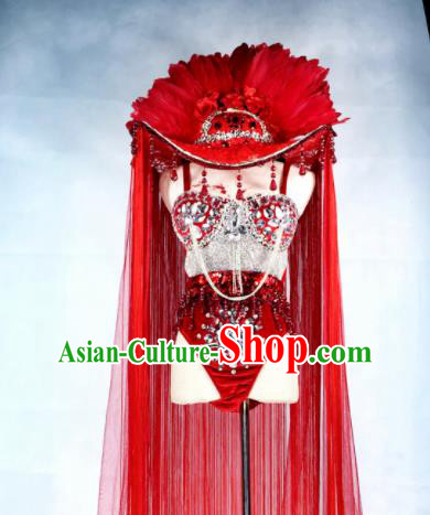 Professional Stage Performance Costume Halloween Cosplay Red Feather Swimwear and Headwear for Women