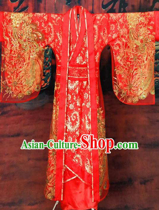 Chinese Han Dynasty Empress Embroidered Wedding Costume Ancient Bride Red Hanfu Dress for Women