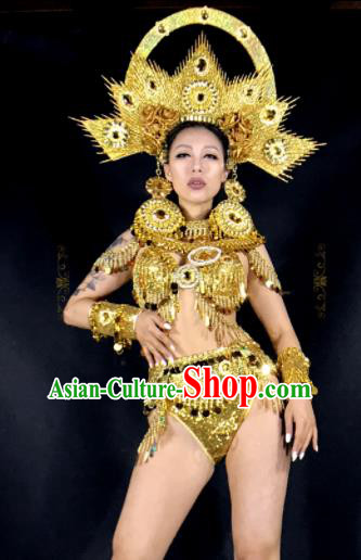 Professional Stage Performance Costume Halloween Golden Clothing and Headwear for Women