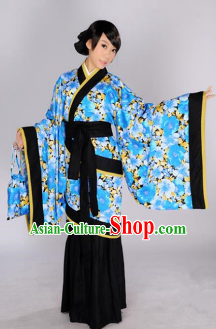 Chinese Traditional Han Dynasty Princess Blue Hanfu Dress Ancient Maidenform Costumes for Women